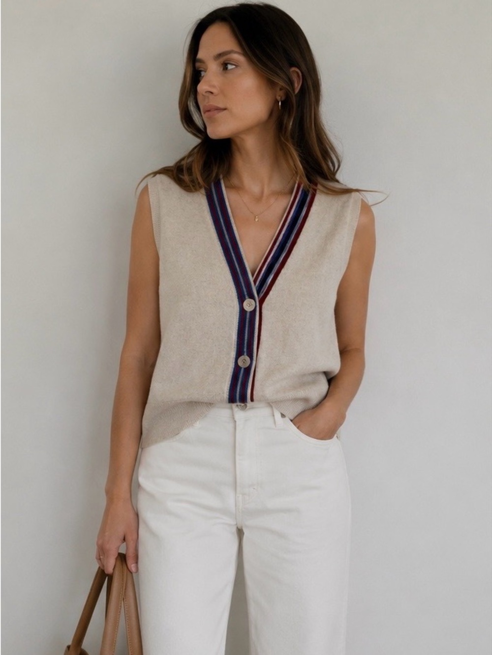 Autumn Cashmere Sleeveless Knit Vest – Cream Multicolor Trim 100% Pure Cashmere